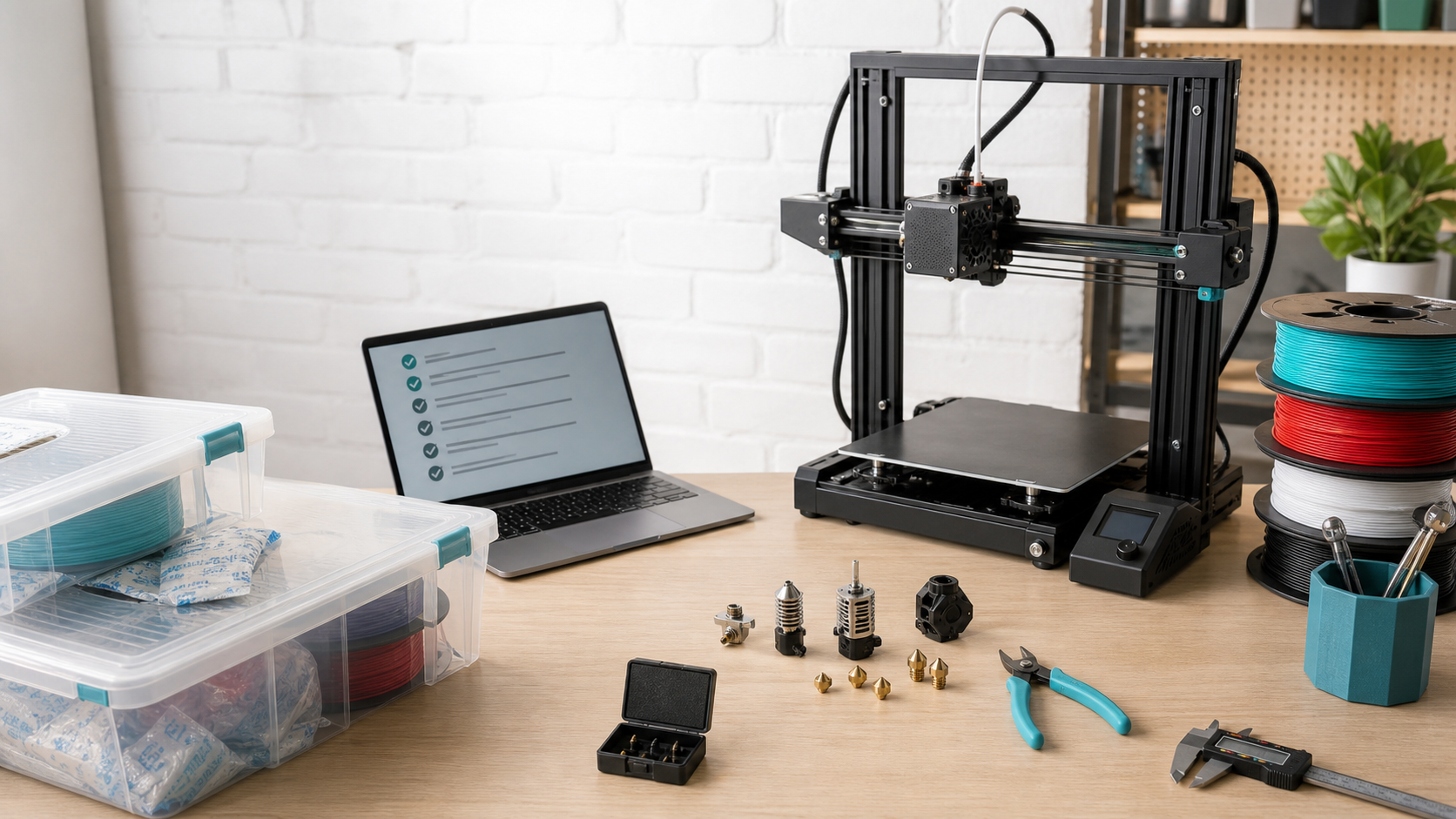 A 3D printer workbench with filament storage, tools, nozzles, and a printer